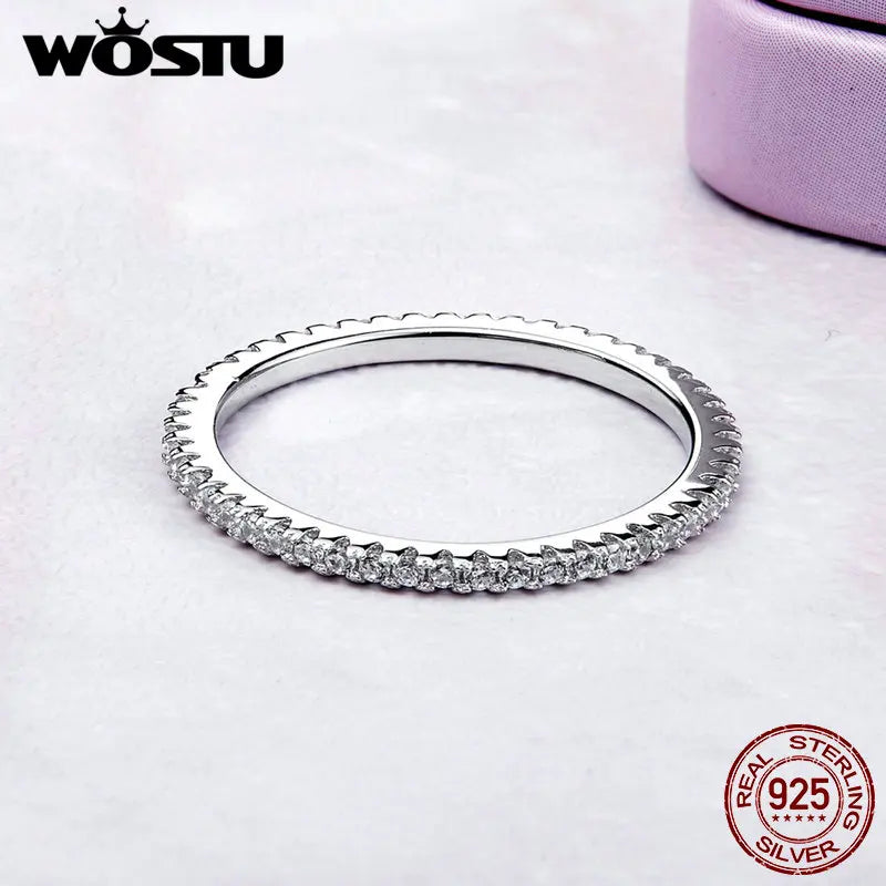 WOSTU Sterling Silver Geometric Round Clear CZ Circle Finger Ring