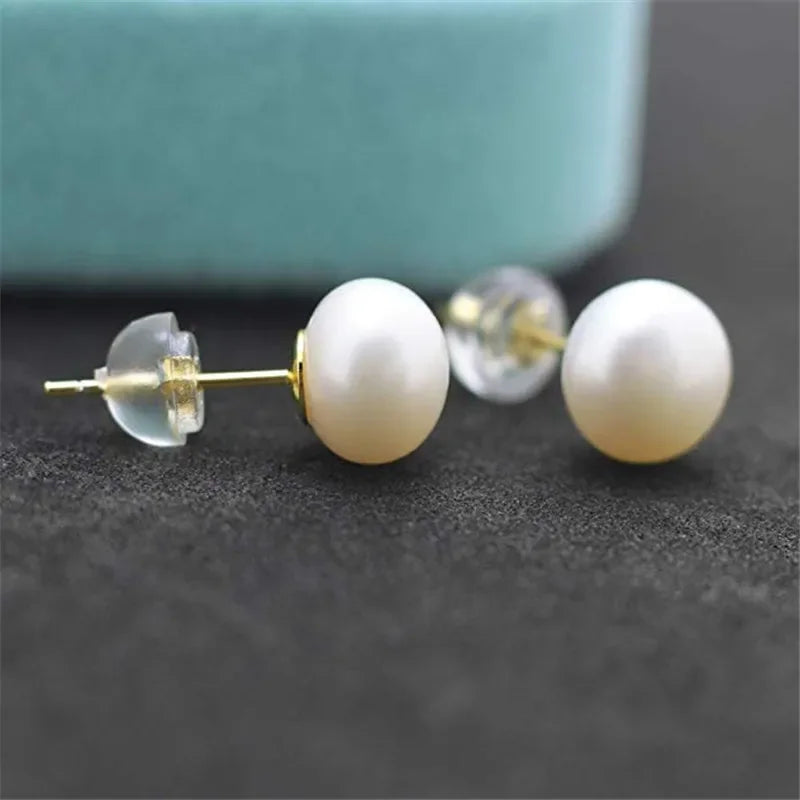 Dainashi Silver Gold Color 8-9mm Pearl Stud Earrings