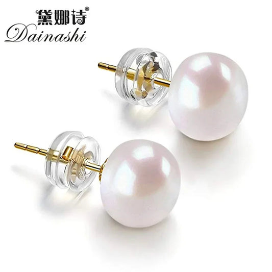 Dainashi Silver Gold Color 8-9mm Pearl Stud Earrings