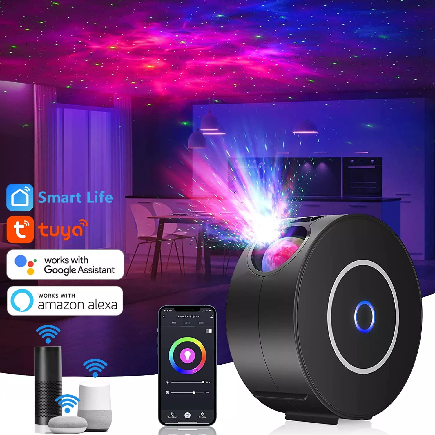 Smart Galaxy Projector: Alexa & Google Home Compatible Night Light with Colorful Stars & Nebula